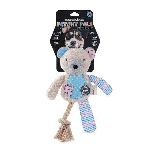 Patchy Pals Plush Bear Dog Toy with Rope - 36cm