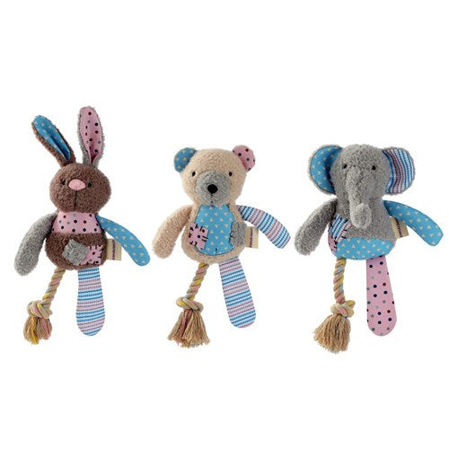 Patchy Pals Plush Bear Dog Toy with Rope - 36cm