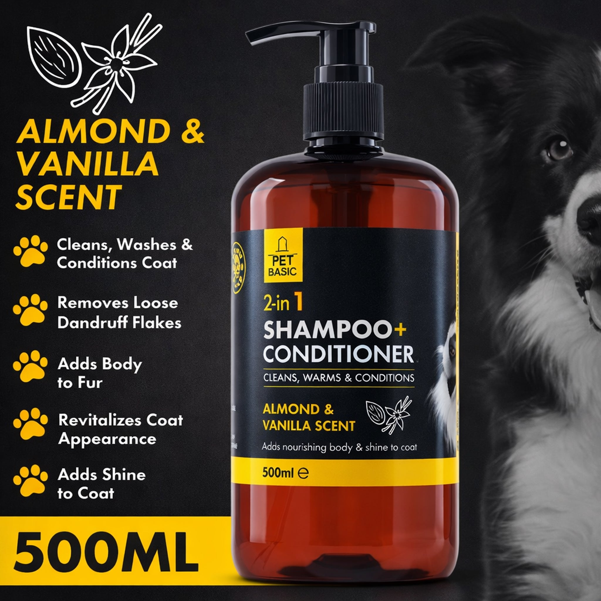 2-in-1 Dog Shampoo & Conditioner – Almond & Vanilla Scent 500ml