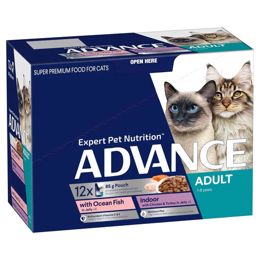 Advance Cat Adult with Ocean Fish in Jelly & Indoor Cat Chicken & Turkey Pouches 12 x 85g
