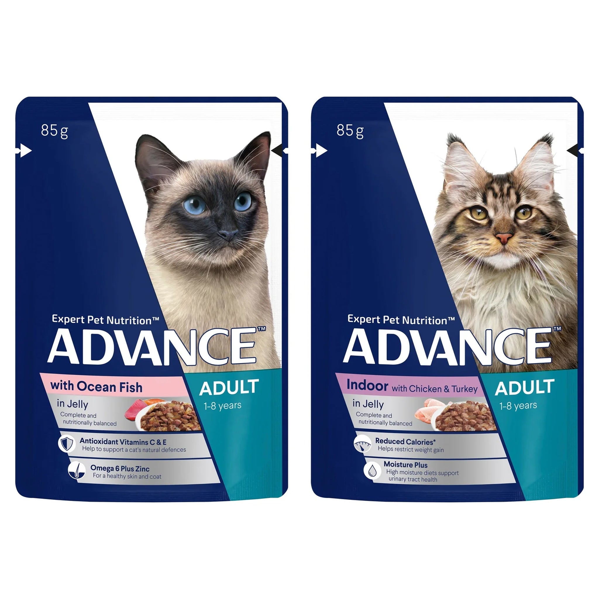 Advance Cat Adult with Ocean Fish in Jelly & Indoor Cat Chicken & Turkey Pouches 12 x 85g