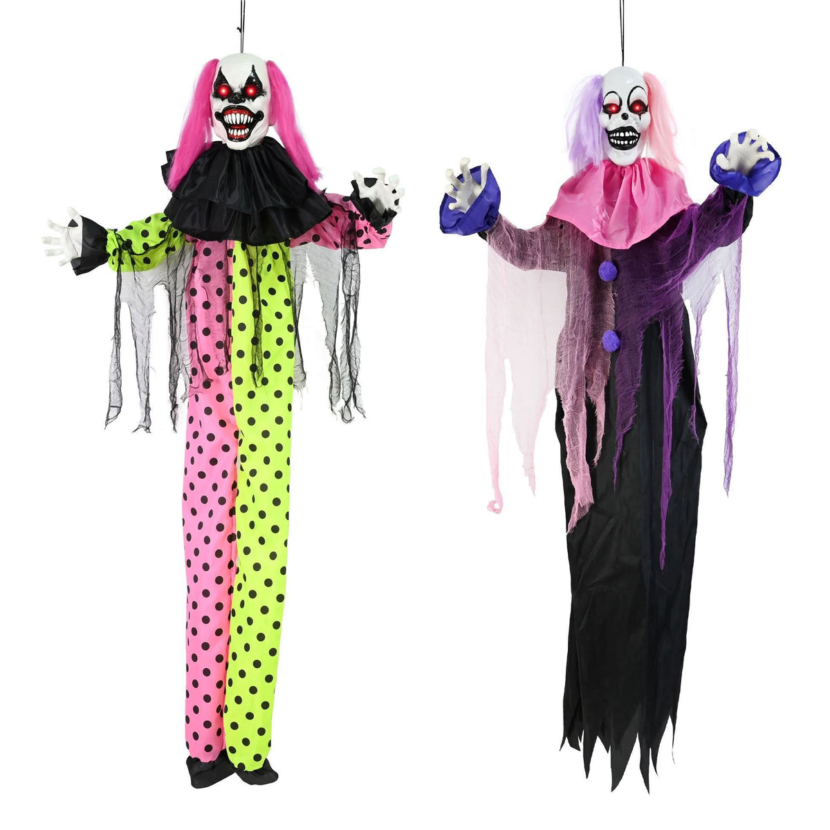 Two hanging Halloween clown decorations on a plain white background. One clown wears a bright pink, neon green, and black polka-dot costume with a white mask and black ruffled collar.
