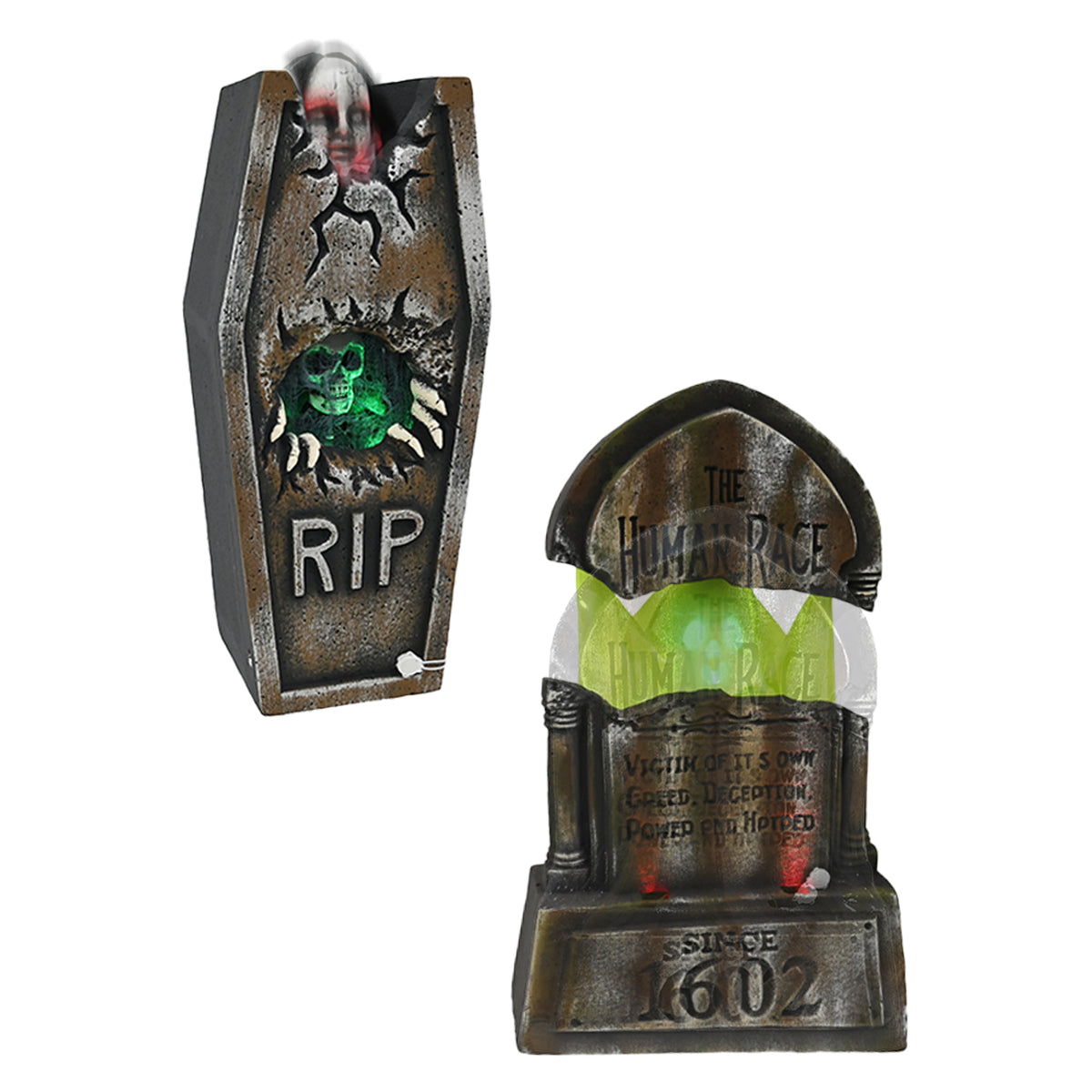 Two Halloween-themed tombstone decorations on a plain white background: a coffin-shaped one with a green skull and the words RIP, and a tombstone-shaped one with a glowing green crystal and spooky text including The Human Race.