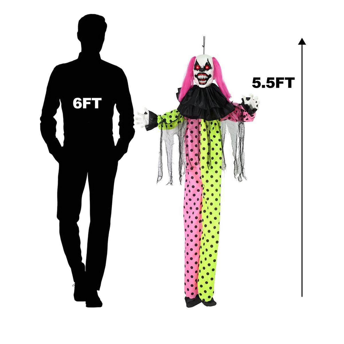 A tall Halloween-style clown costume displayed on a hanger against a white background, with a black human silhouette labeled 6FT beside it and a height marker labeled 5.5FT.