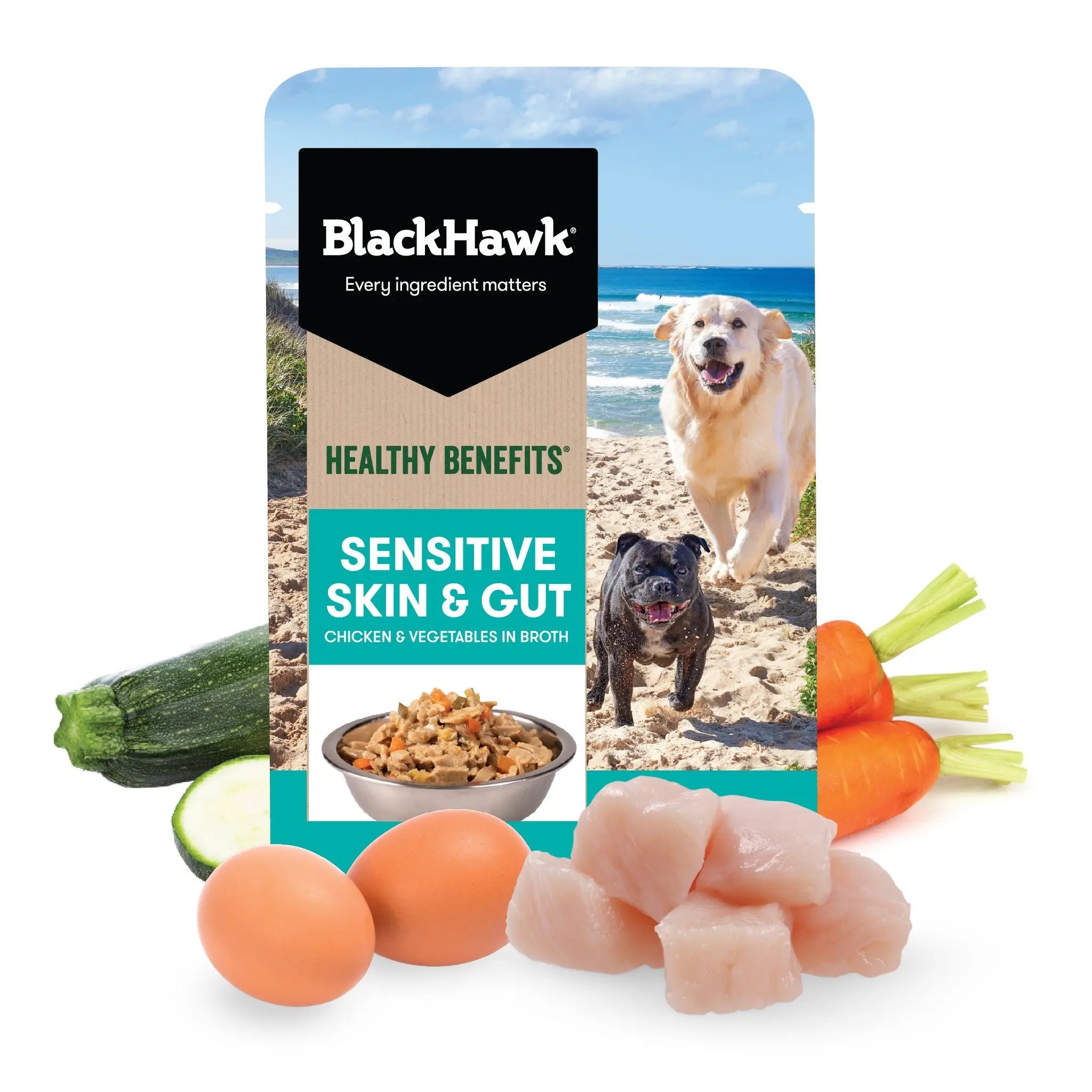 Black Hawk Healthy Benefits Sensitive Skin & Gut Wet Dog Food 85g – 12 Pack
