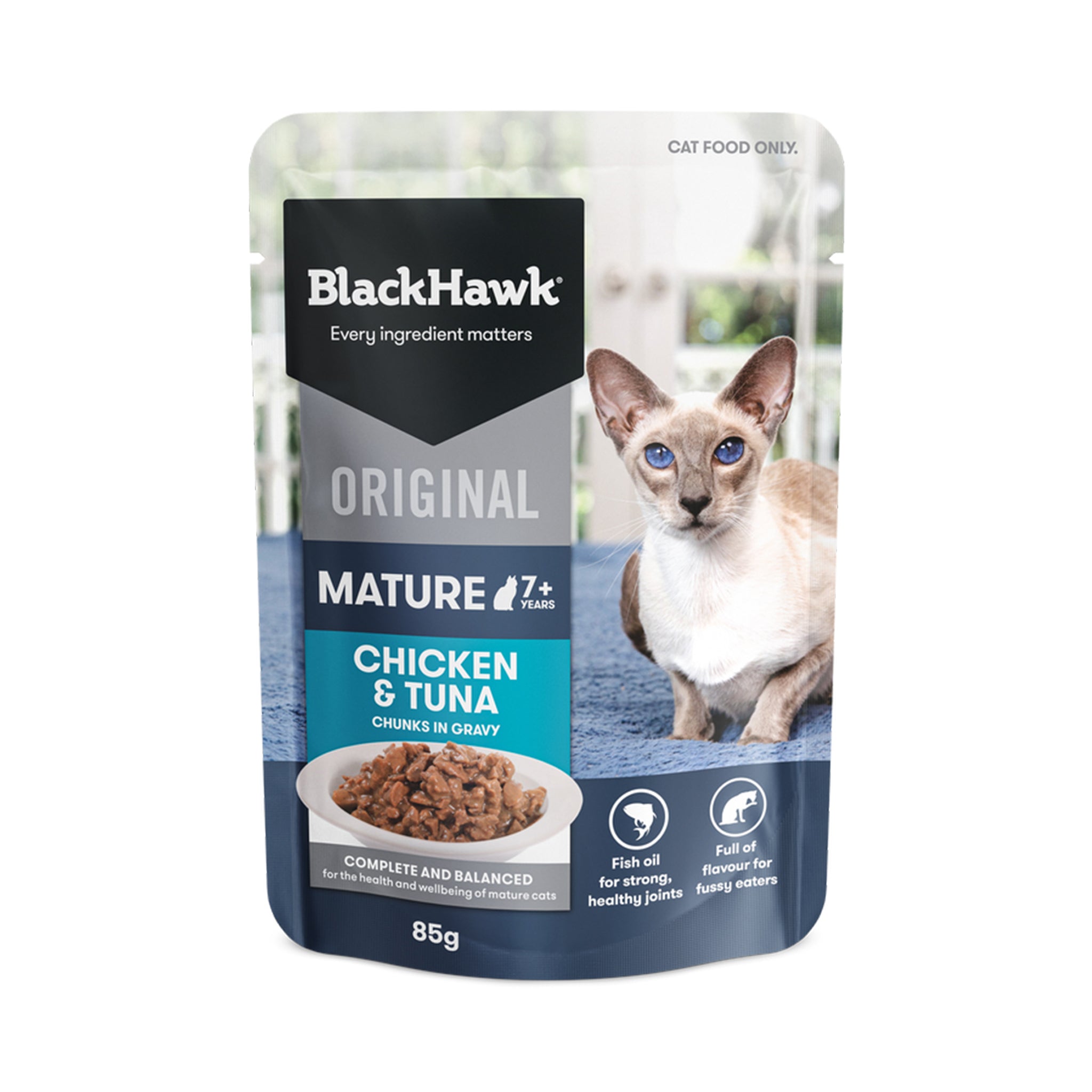 Black Hawk Original Mature 7+ Chicken & Tuna Chunks in Gravy Wet Cat Food 85g x 12