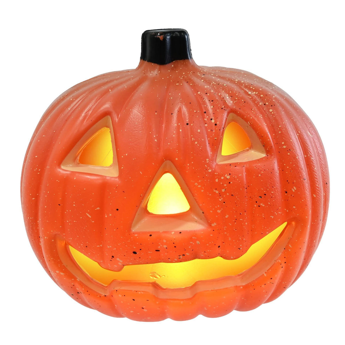 An orange jack-o'-lantern Halloween decoration with a glowing yellow light inside, featuring a textured surface with small black speckles and a black top stem, isolated on a white background.