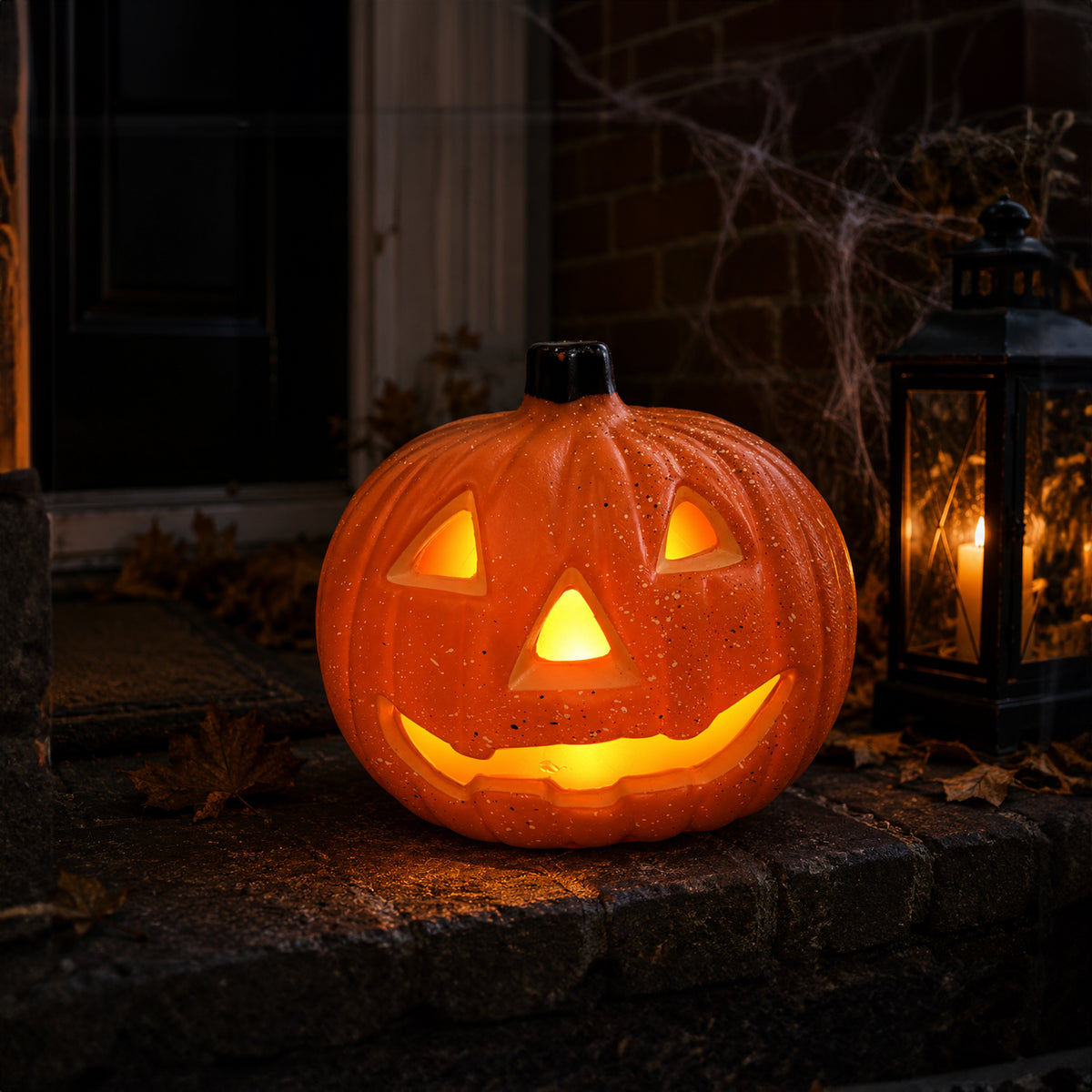 A glowing jack-o'-lantern Halloween decoration sits on a stone step beside a lit black lantern in a dark outdoor porch setting.
