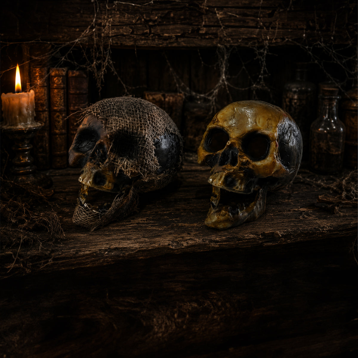 Two decorative skull props displayed on a dark wooden shelf, one with a burlap overlay and one with a distressed gold finish, surrounded by candles, books, and bottles in a moody setting.