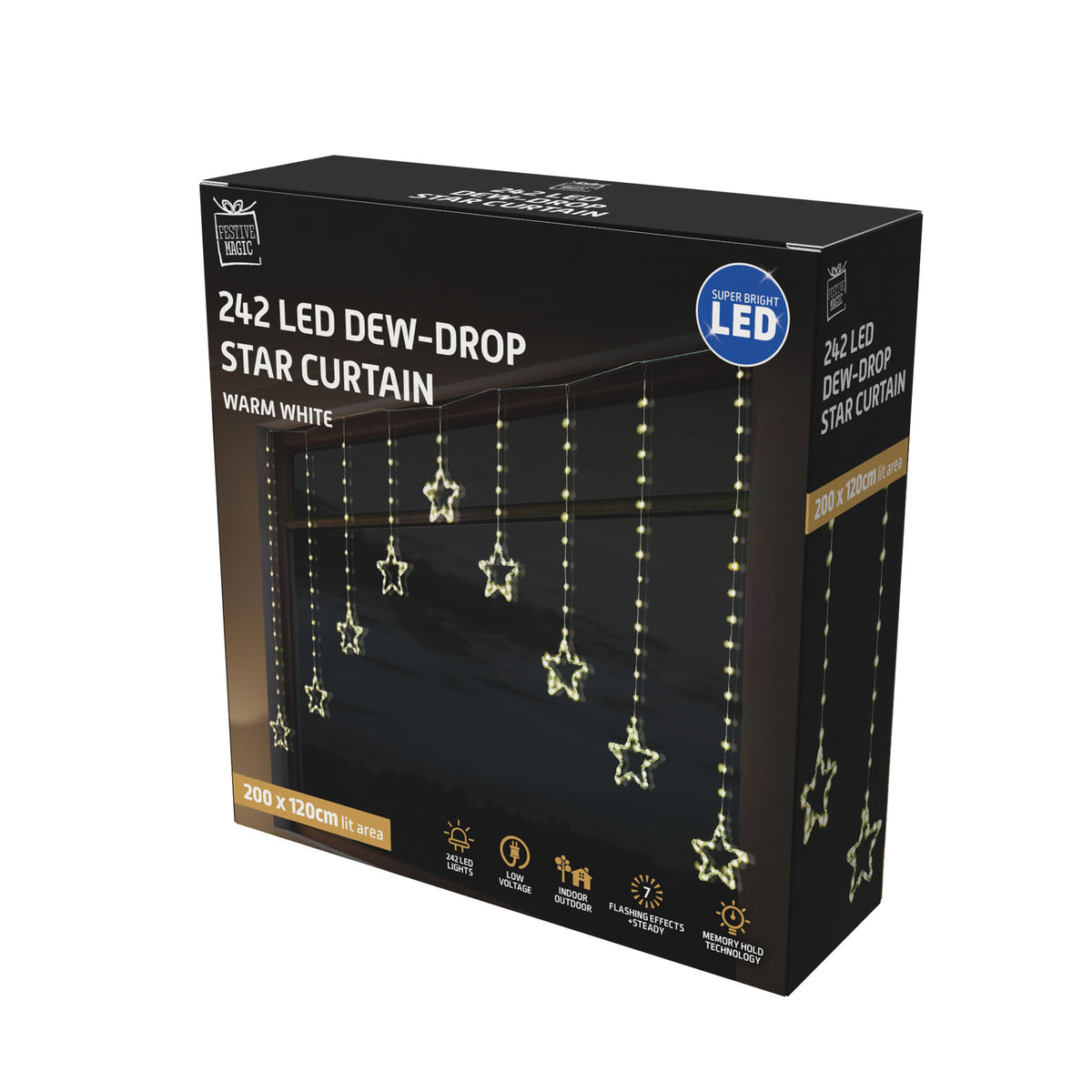 A black retail box for LED dew-drop star curtain lights, shown at a three-quarter angle on a plain white background. The packaging features a window displaying glowing warm white star-shaped lights and text reading '24+2 LED DEW-DROP STAR CURTAIN' and 'WARM WHITE'.