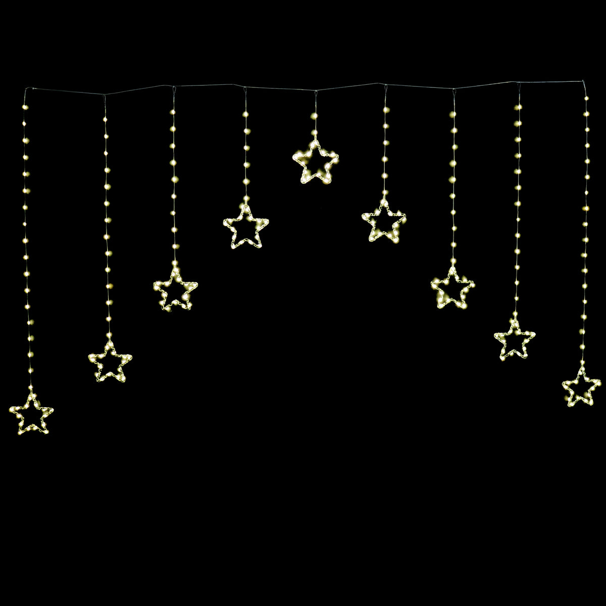Warm white LED star curtain string lights with multiple hanging star-shaped strands on a black background.