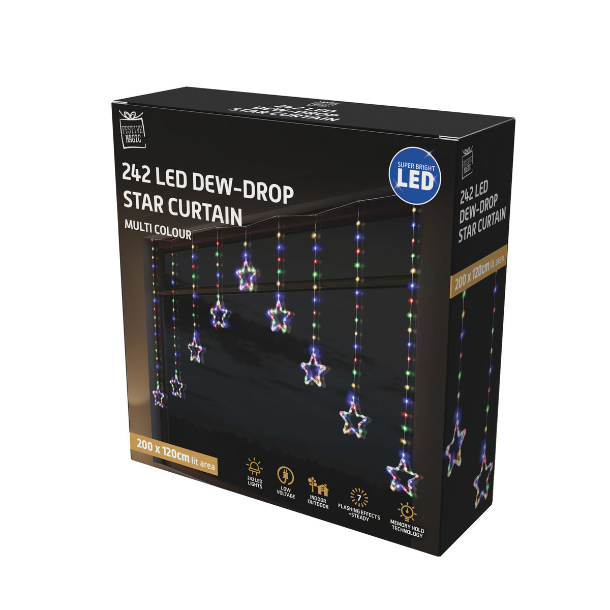 A black retail box for a 24x2 LED dew-drop star curtain, shown at a three-quarter angle on a plain white background. The packaging features a photo of the hanging multicolor star lights and text including '24x2 LED DEW-DROP STAR CURTAIN' and 'MULTI COLOUR'.