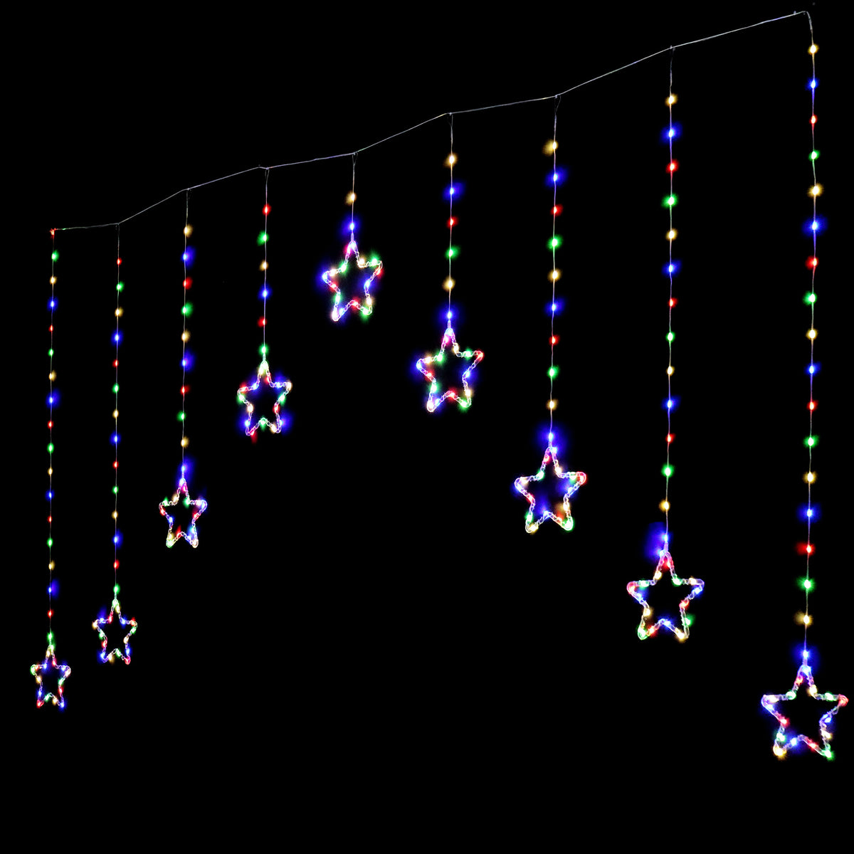 Multicolor LED star curtain string lights hanging in vertical strands against a solid black background.