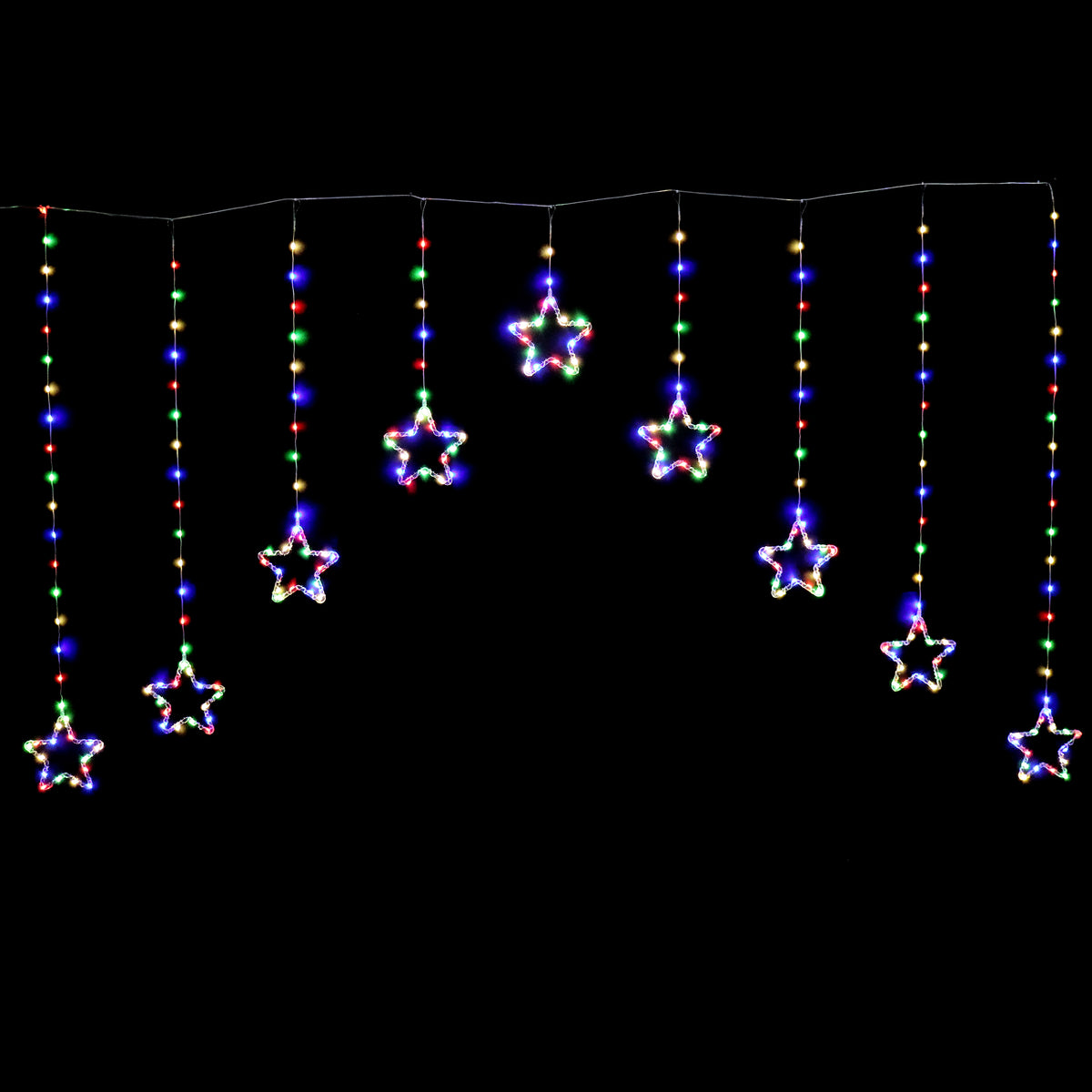 Multicolor LED star curtain holiday lights hanging from a thin wire against a solid black background.