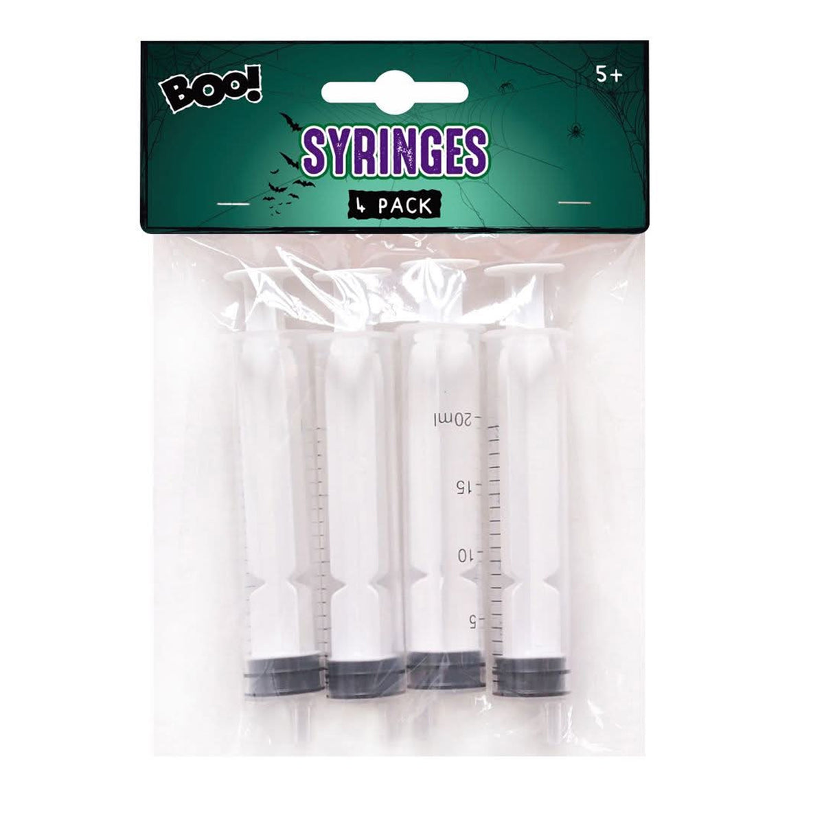 A 5-pack of novelty toy syringes in clear plastic blister packaging with a dark green header card that reads 'Boo! Syringes Pack' and shows a '5+' age rating.