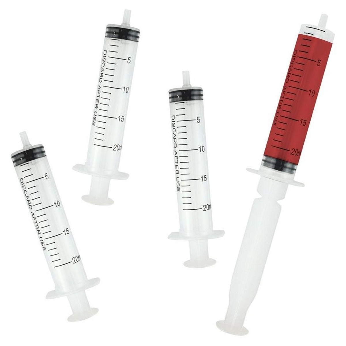 Four clear plastic syringe-style containers with black measurement markings and white plastic plungers, shown on a plain white background. One container contains a red liquid or insert.