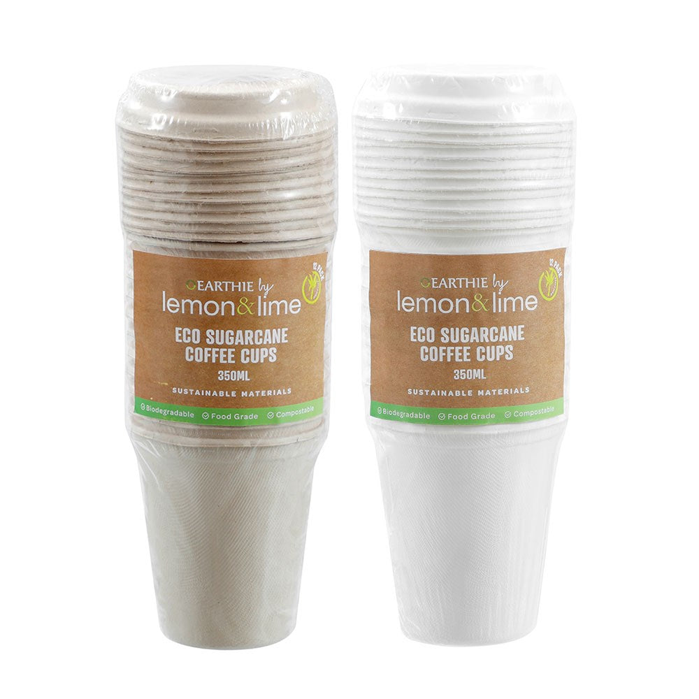 Eco Sugarcane Coffee Cups with Lids – 350ml (12 Pack)