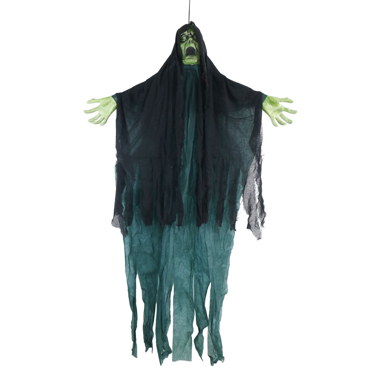 A hanging Halloween decoration of a screaming ghost or zombie figure with a green face and hands, wearing a tattered black and dark teal robe against a plain white background.