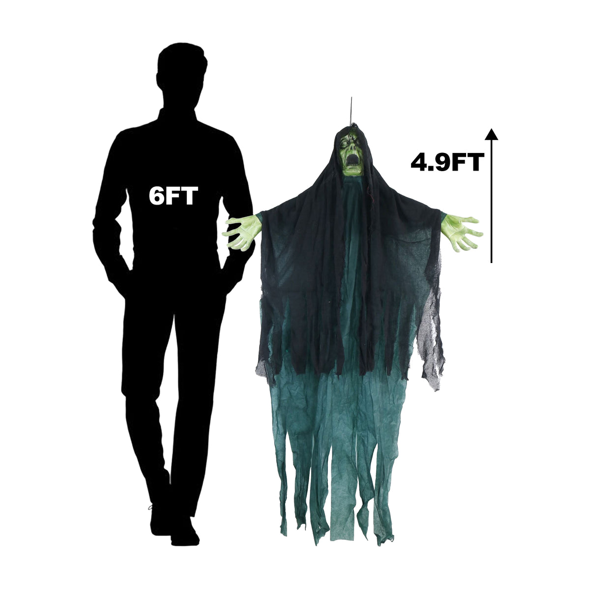 A Halloween hanging ghost decoration shown next to a black human silhouette for scale, with text indicating 6FT tall and the ghost 4.9FT tall on a plain white background.