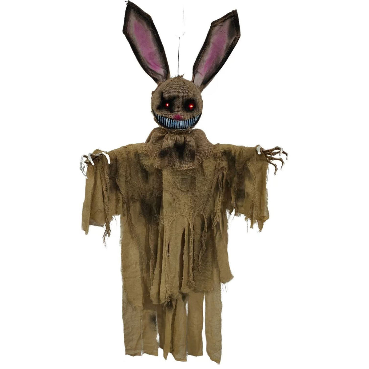 A creepy, tattered zombie-style bunny Halloween decoration with long upright ears, glowing red eyes, a wide blue-teeth grin, and ragged brown fabric body against a plain white background.