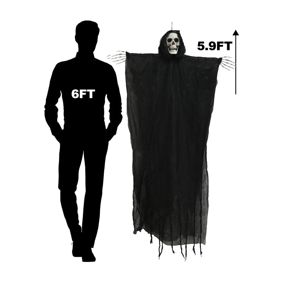 Black grim reaper Halloween decoration shown next to a person for scale, with text indicating 6FT height on the silhouette and 5.9FT height on the decoration.