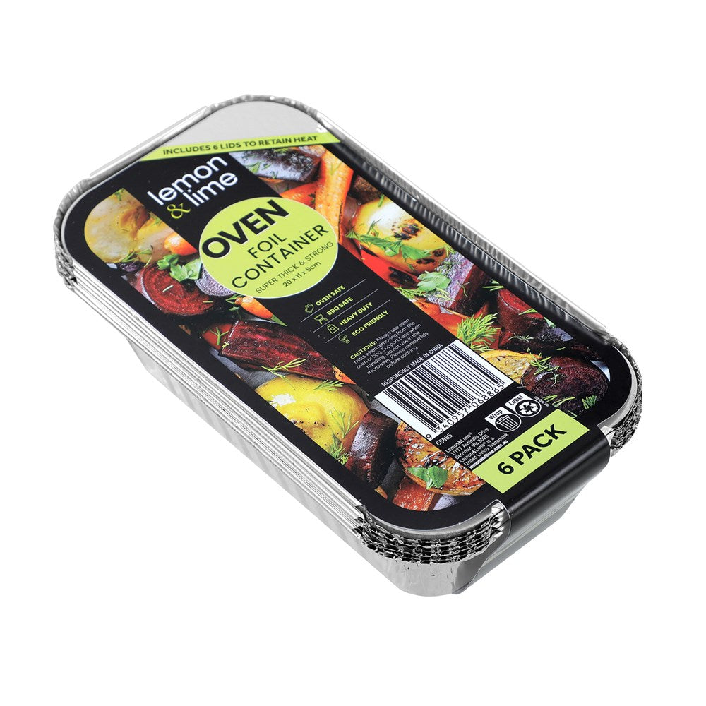Rectangle Foil Containers with Lids – 20 × 11 × 5cm (6 Pack)