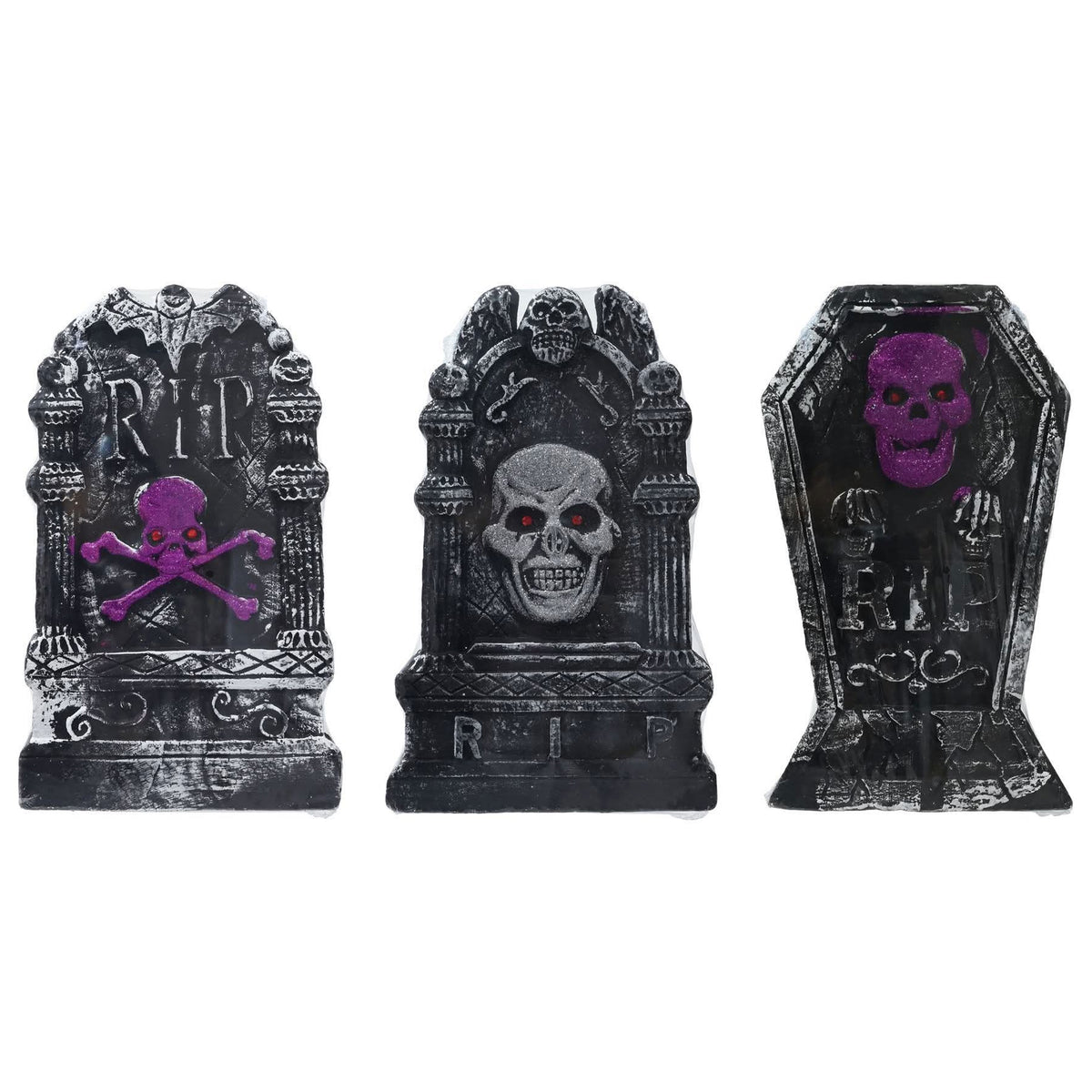 Three Halloween tombstone decorations in black and gray, each featuring a purple skull design, shown against a plain white background.