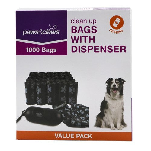 Paws & Claws Dispenser & Clean Up Bags 1000 Bags (50 Rolls)