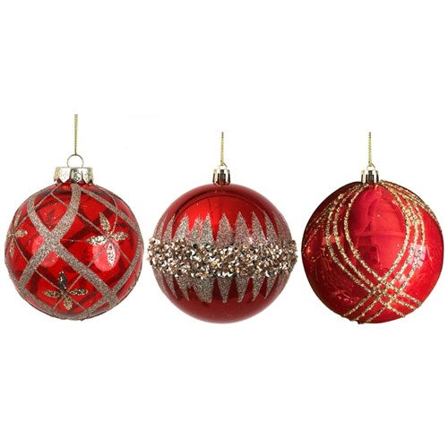 10cm Red with Champagne Glitter Details Bauble Assorted