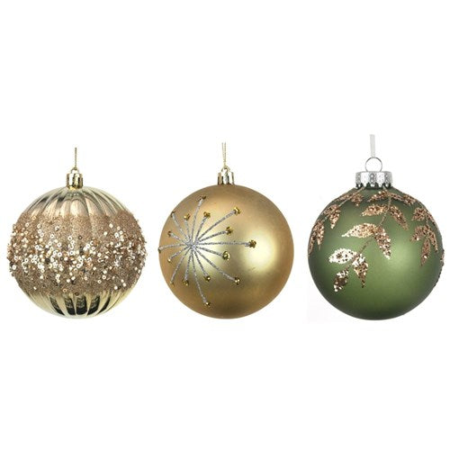 10cm Sage and Champagne Bauble With Glitter Details Assorted