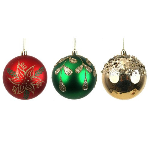 10cm Shatterproof Baubles With Gold Glitter Details Gold, Green, Red Assorted