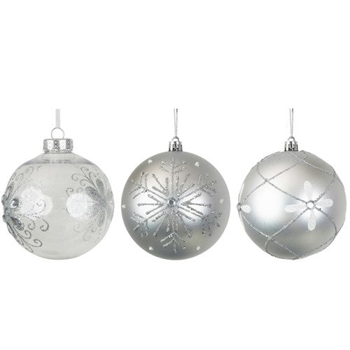 10cm Silver Handpainted Bauble Assorted
