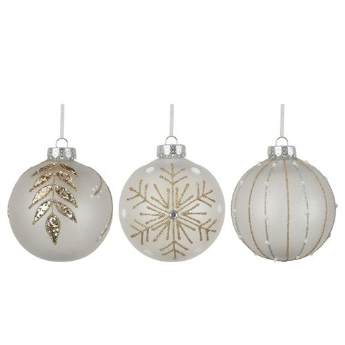 10cm White Baubles With Glitter Finish Assorted