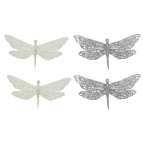10x18cm Glitter Dragon Fly White and Silver Assorted