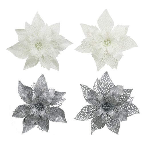 22cm Glitter Flower White and Silver
