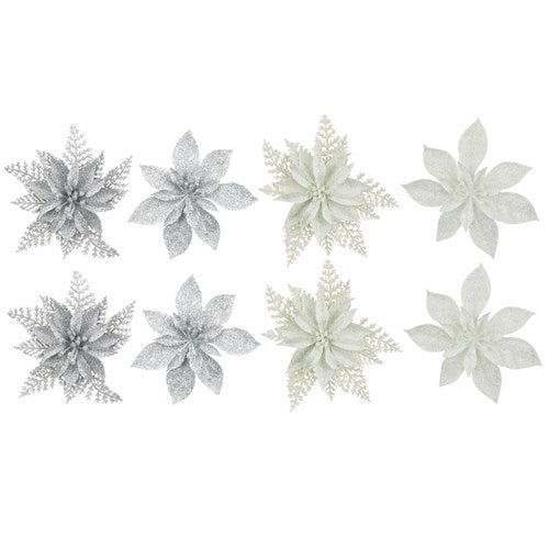 2pk 15cm Glitter Flower White and Silver