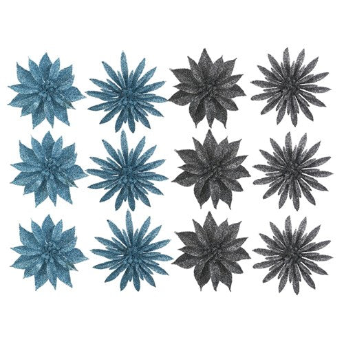 3pk 9.5cm Glitter Flower Arctic Blue and Gunmetal Assorted
