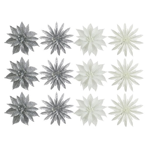 3pk 9.5cm Glitter Flower White and Silver Assorted