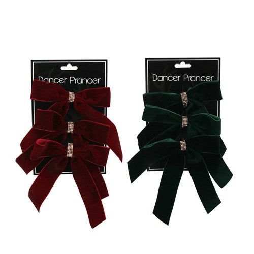 3pk Burgundy and Emerald Bows With Diamonte Details Assorted