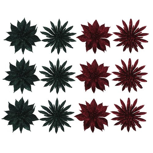 3pk Glitter Flower Burgundy and Forest Green Assorted