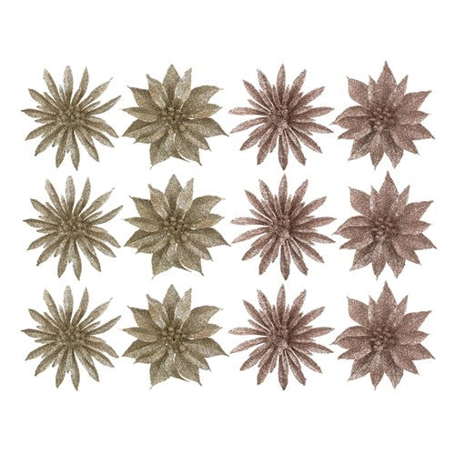 3pk Glitter Flower Champagne and Rose Gold Assorted