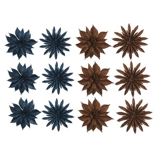 3pk Glitter Flowers Navy Blue and Mocha Assorted
