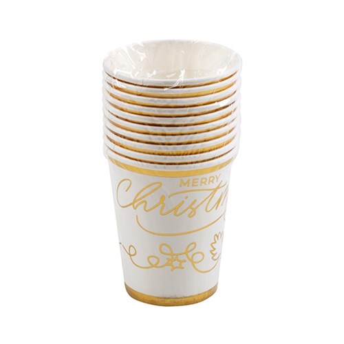 Paper Cups 250ml Xmas Gold Foil 10pk