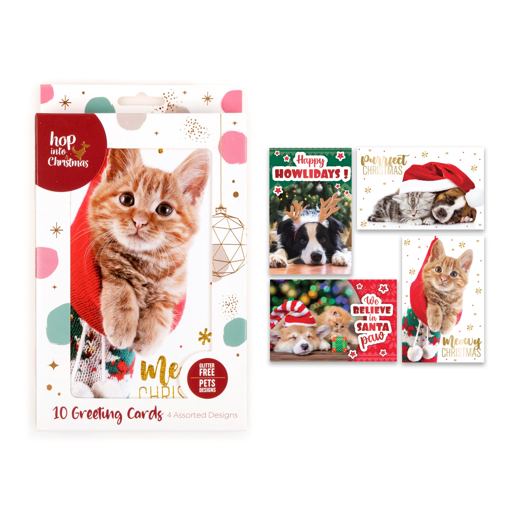 Cards Xmas Box 10 115x177mm Textured Foil Cats Dogs