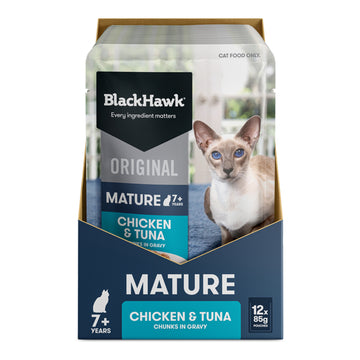 BLACK HAWK Original Mature 7+ Pouches Chicken and Tuna Chunks in Gravy Wet Cat Food 85gm x 12