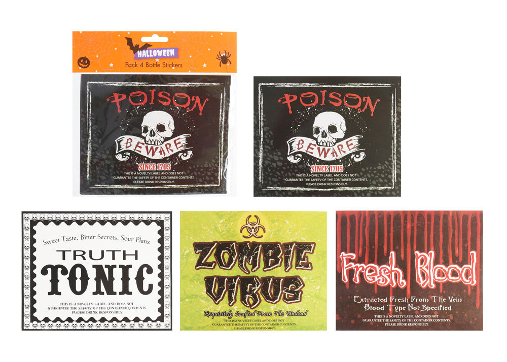 Halloween Bottle Stickers 4pk Asst