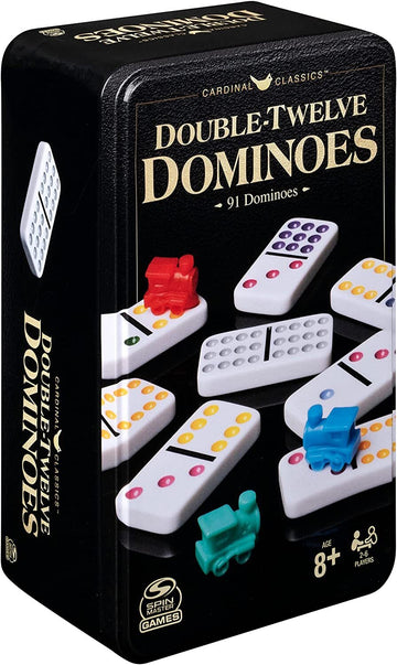 Classic Double 12 Coloured Dominoes with Mexican Train in Tin