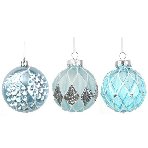 8cm Artic Blue Baubles With Hand Painted Details Assorted