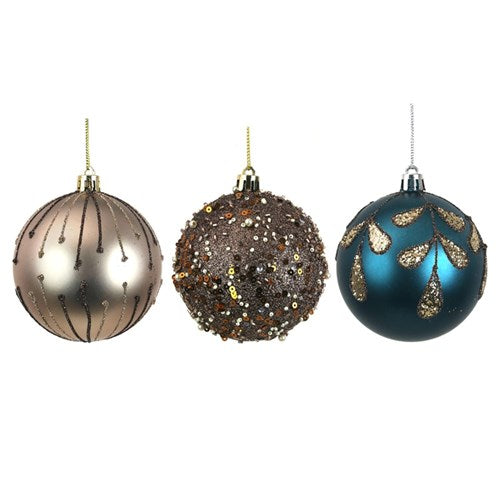 8cm Handpainted Shatterproof Baubles Taupe, Copper and Adriatic Blue