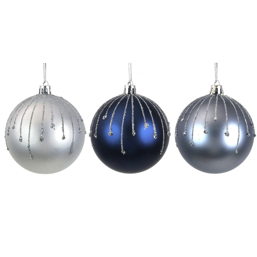 8cm Silver, Glacier Blue, Royale Blue Shatterproof Baubles W/Silver Glitter Details Assorted